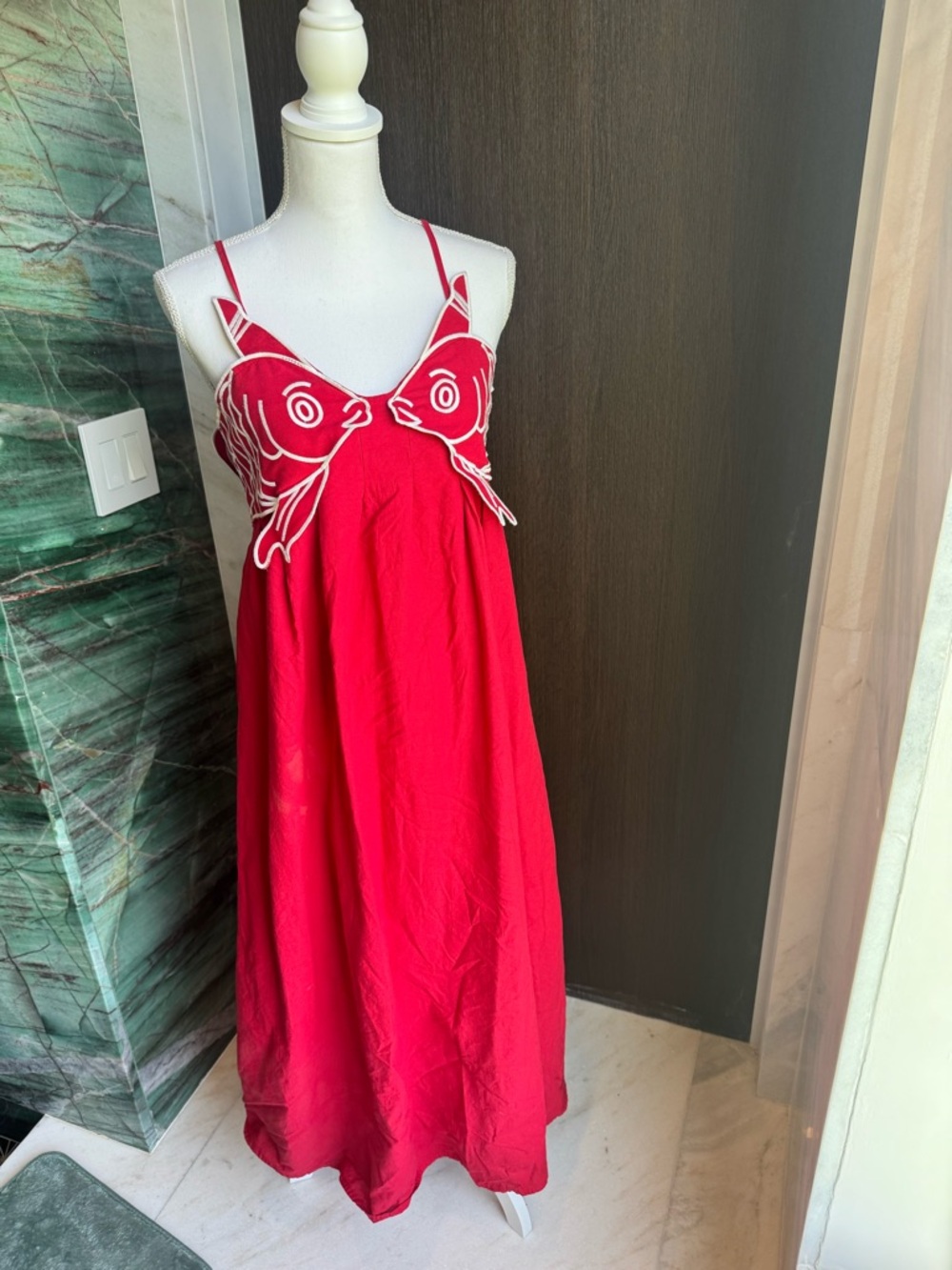 Red Spaghetti Strap Fishy Maxi Dress with White Embroidered Bust